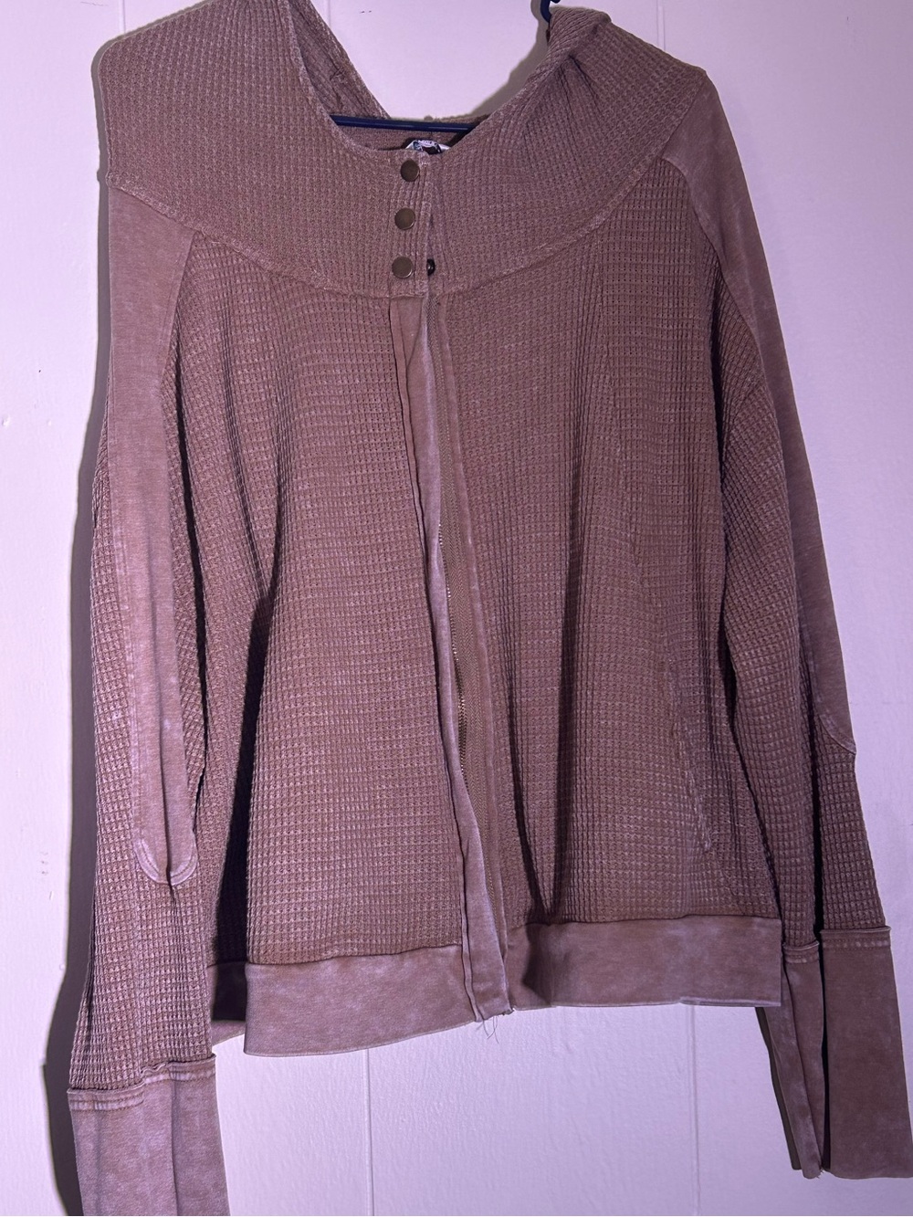 Hard Tail Waffle-Knit Hooded Zip Jacket in Taupe